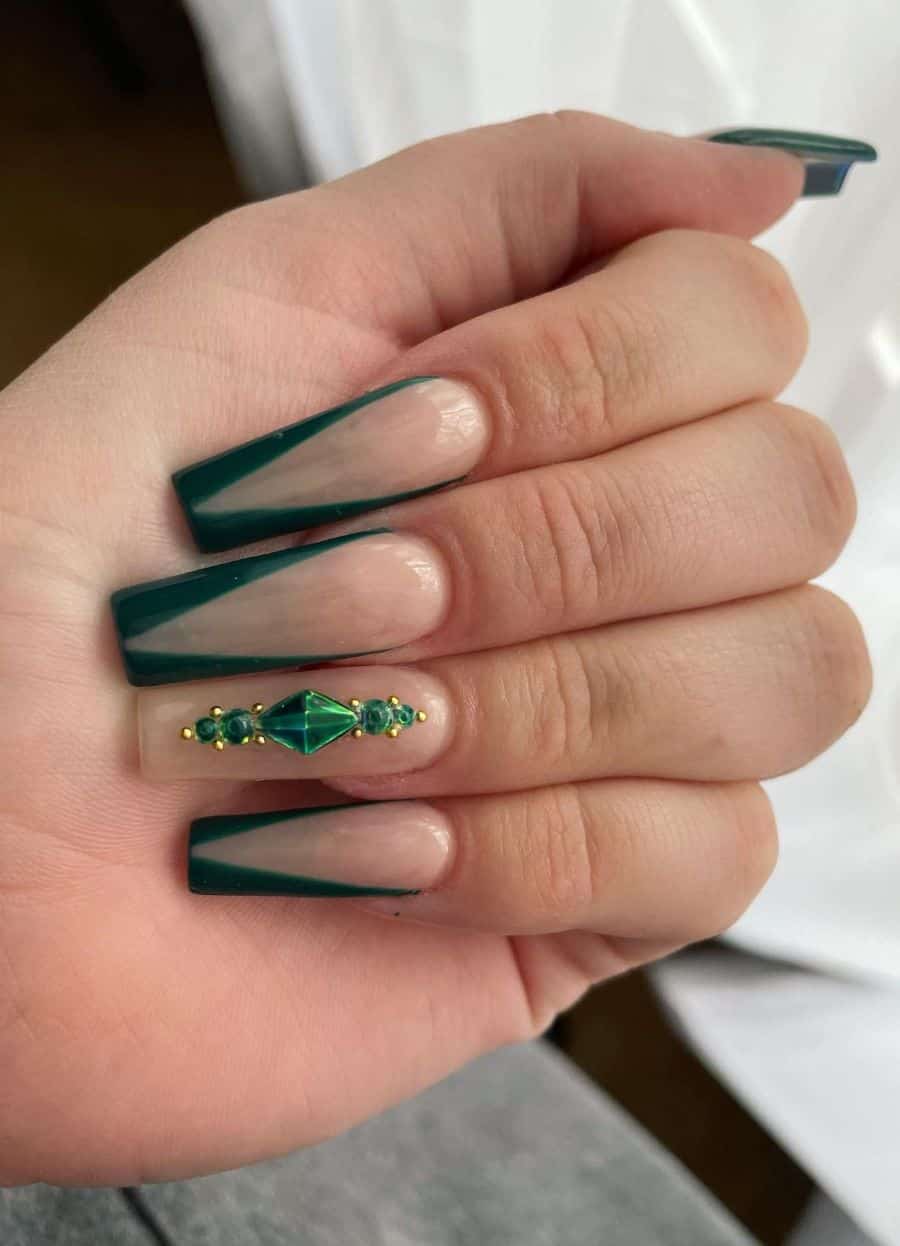 Emerald Gem Cluster French Square Nails Emerald Gem Cluster French Square Nails — Emerald Green Nails