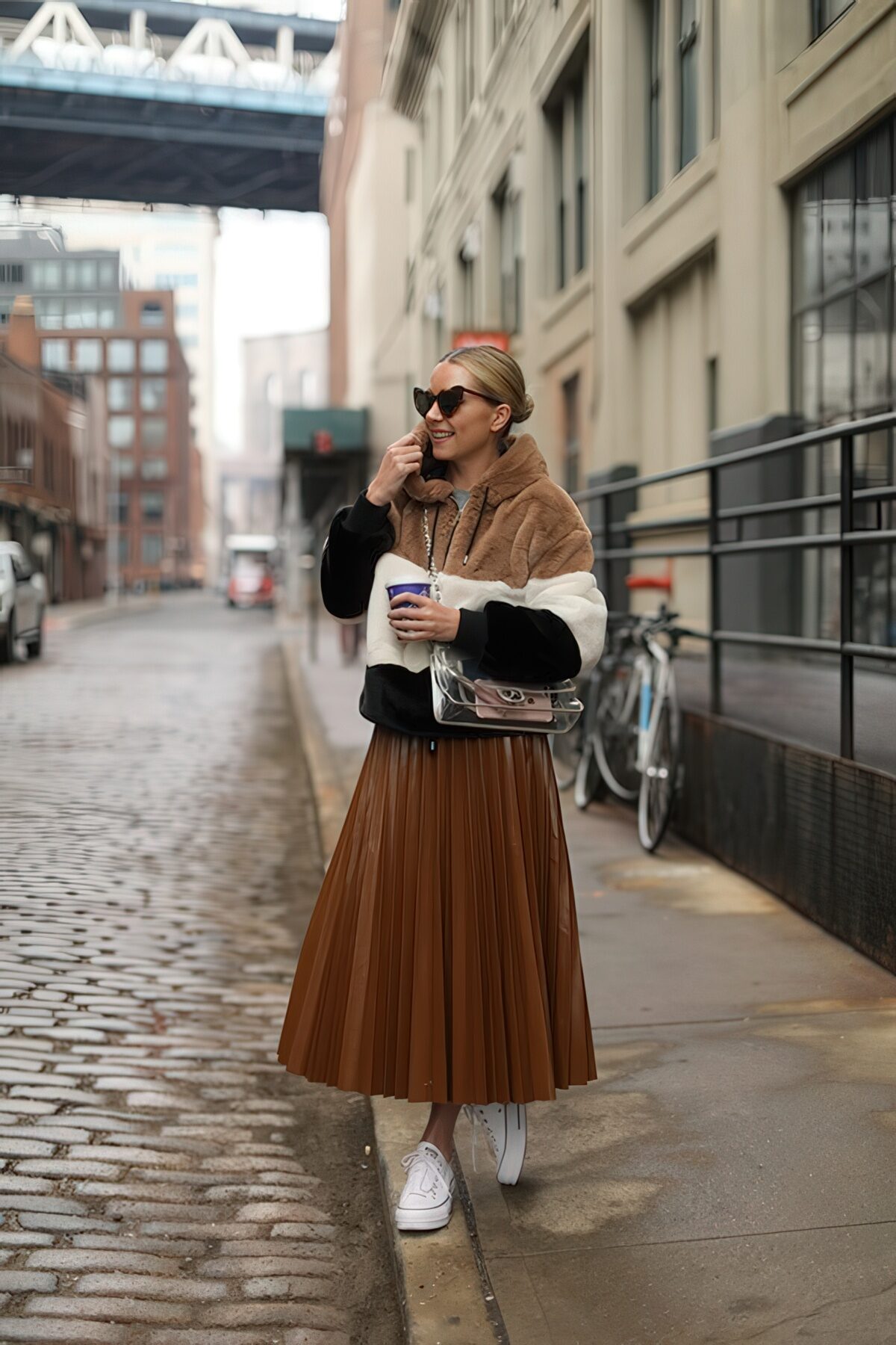 Faux Leather Pleated Midi Skirt with Faux Fur Trim Top — Winter Skirt Outfits