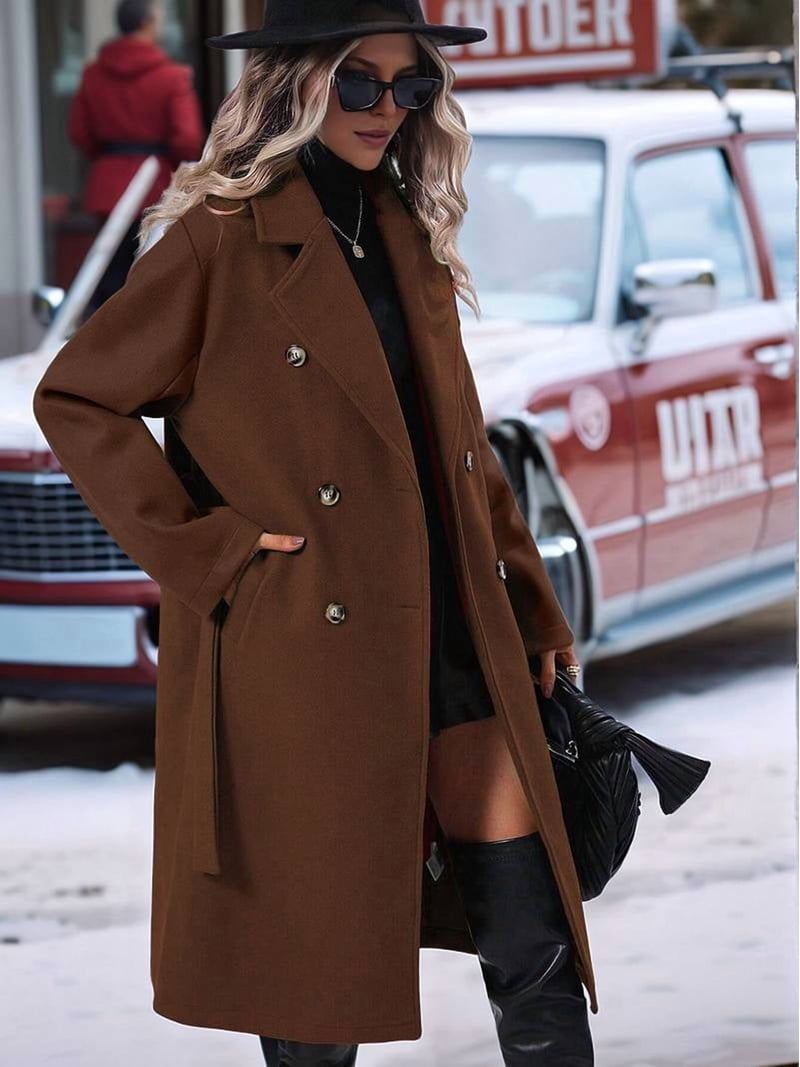 Dressy Casual: Belted Brown Peacoat with Knee-High Boots — Peacoat Outfits