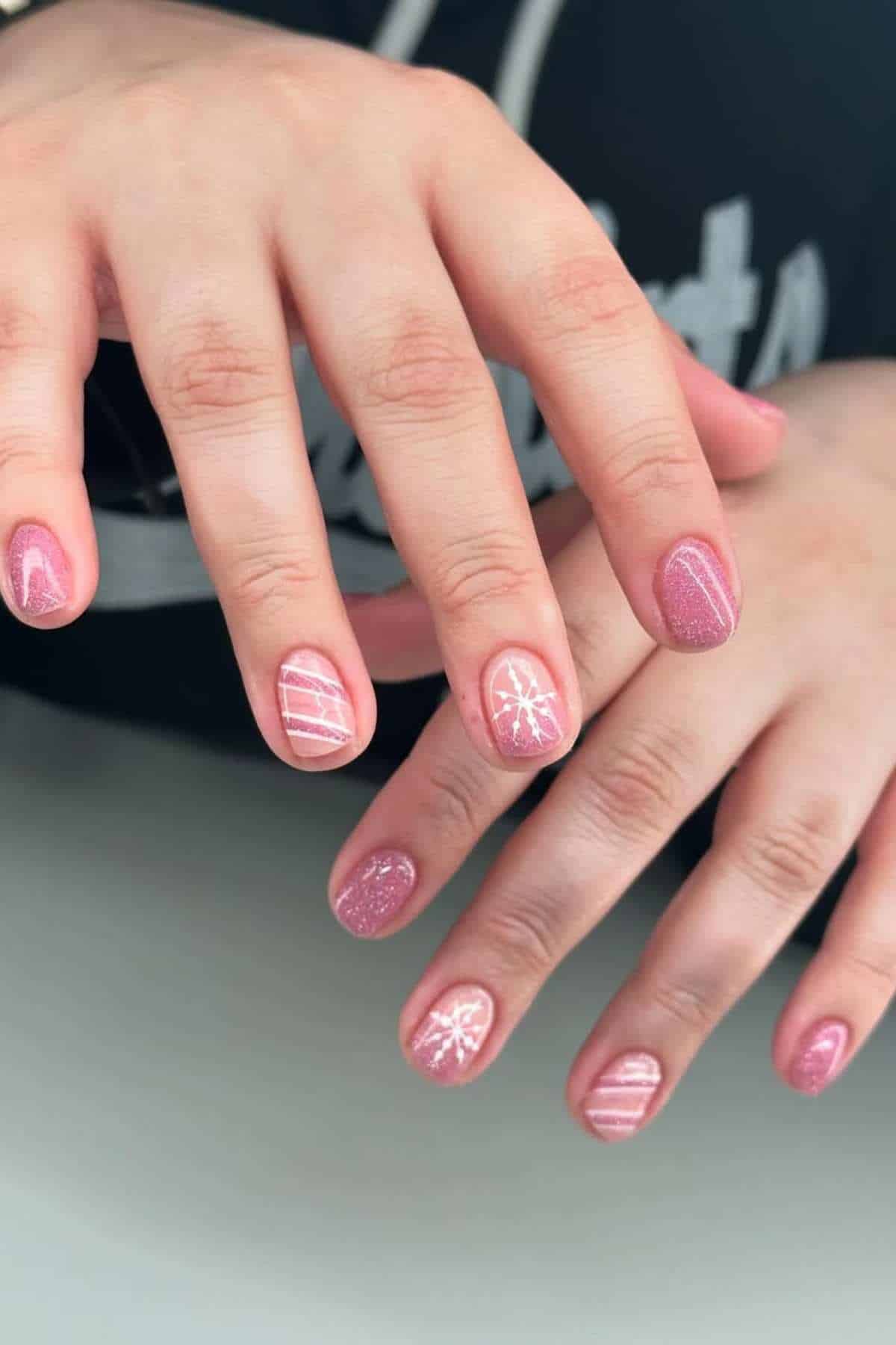 Light Pink Snowflake and Stripe Nails Light Pink Snowflake and Stripe Nails — Winter Round Nails