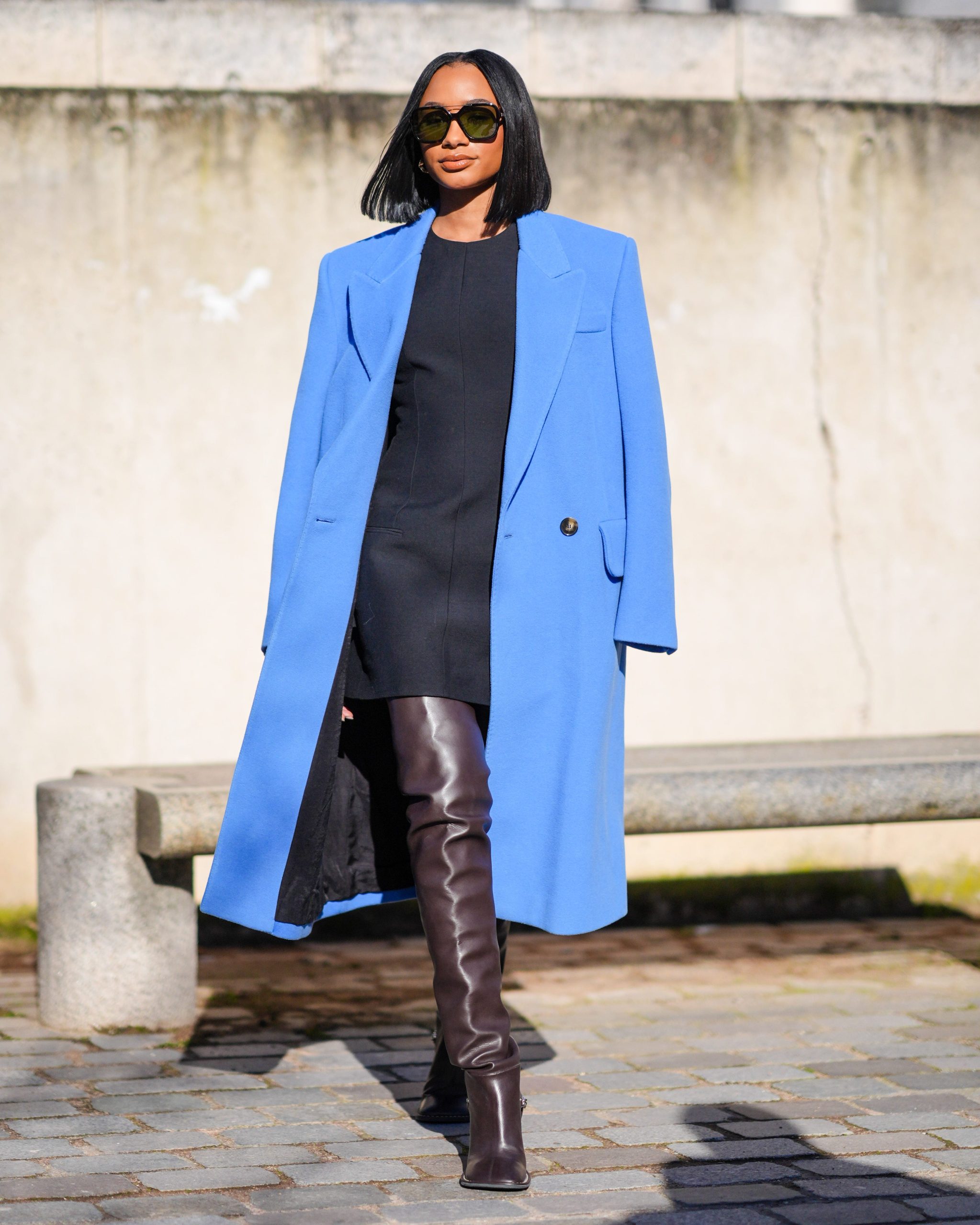 Bold Color Pop: Mini Dress, Bright Blue Coat, and Brown Knee-High Boots — Knee High Boots Outfits