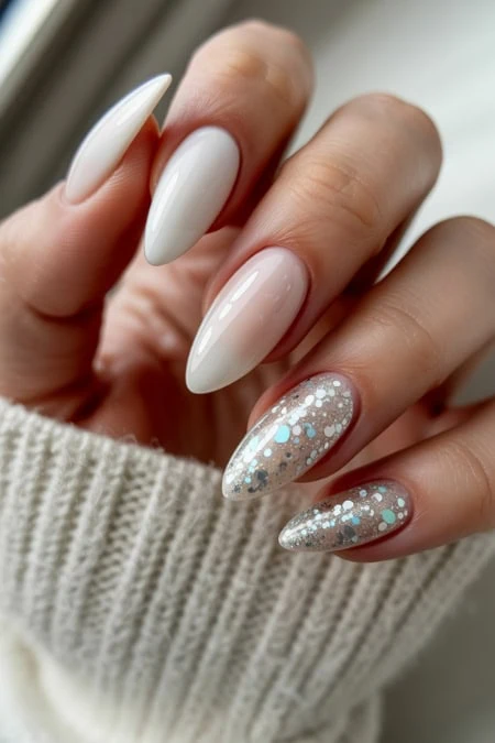 Holographic Glitter Gradient Almond Nails Holographic Glitter Gradient Almond Nails — Winter Acrylic Nails