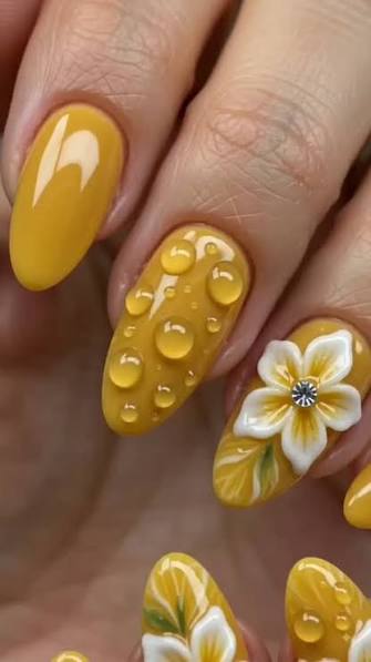 Vibrant Yellow with Painted Leaves and 3D Flowers Vibrant Yellow with Painted Leaves and 3D Flowers — yellow nail designs