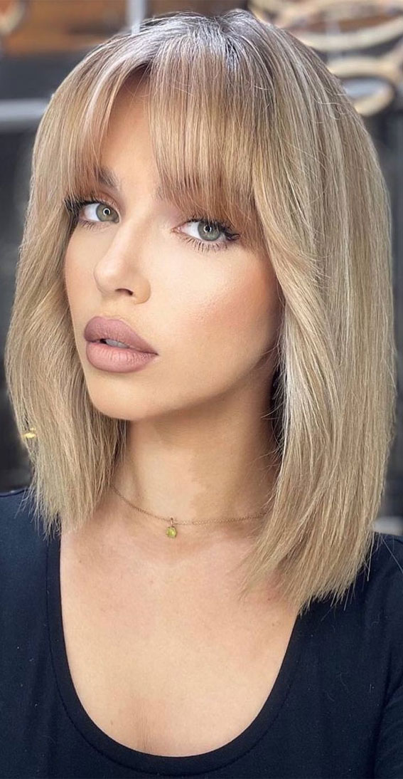 Ash Blonde Lob With Blunt Bangs — Winter Lob Haircuts