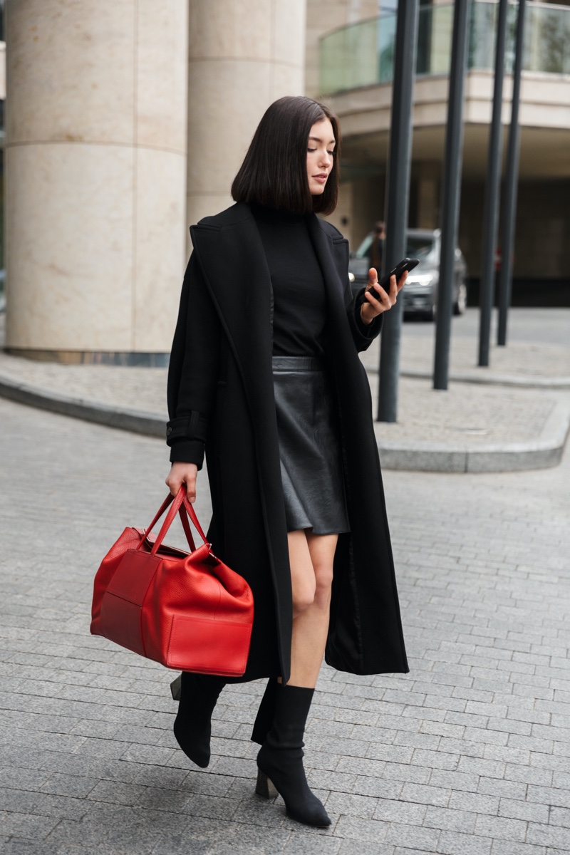 Streetwear Edge: Oversized Black Coat with Leather Mini — Black Coat Outfits