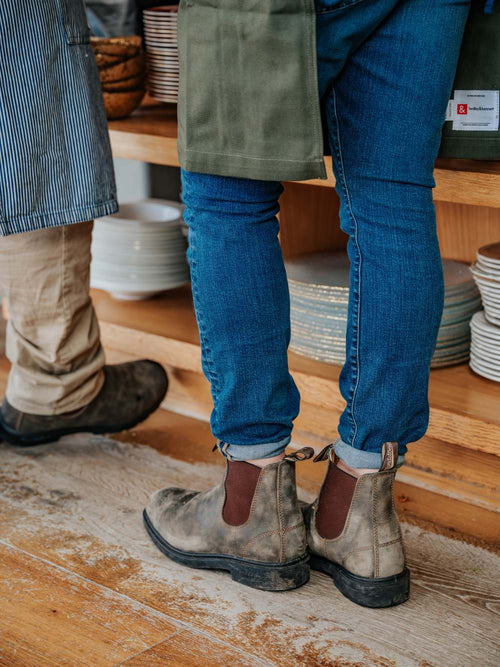 Distressed Brown Chelsea Boots with Jeans and Canvas Apron — Chelsea Boots Outfits