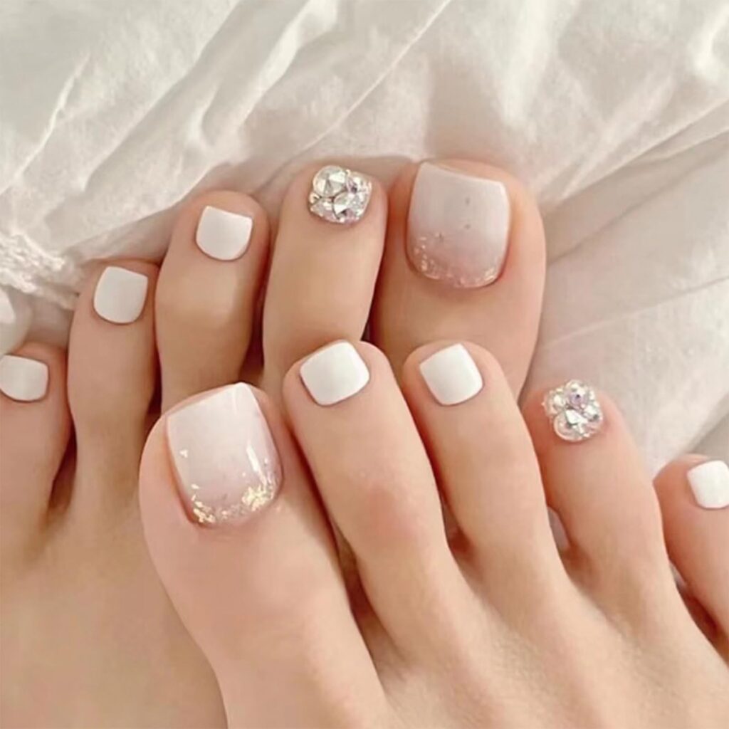 Glossy White with Pink Gradient and Rhinestones Glossy White with Pink Gradient and Rhinestones — Winter Pedicure Colors