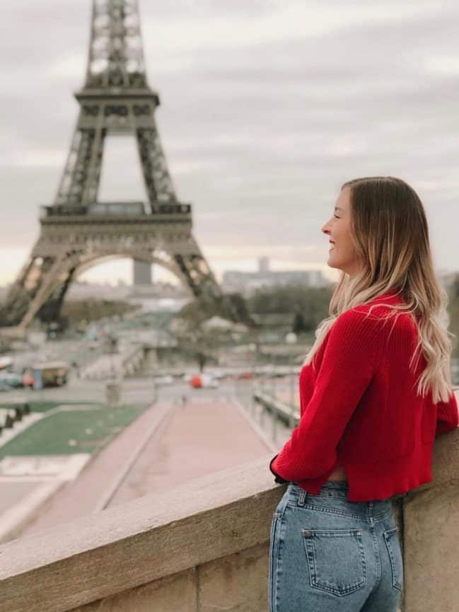 Bright Red Knit Sweater with Blue Denim Jeans — Paris Winter Outfits