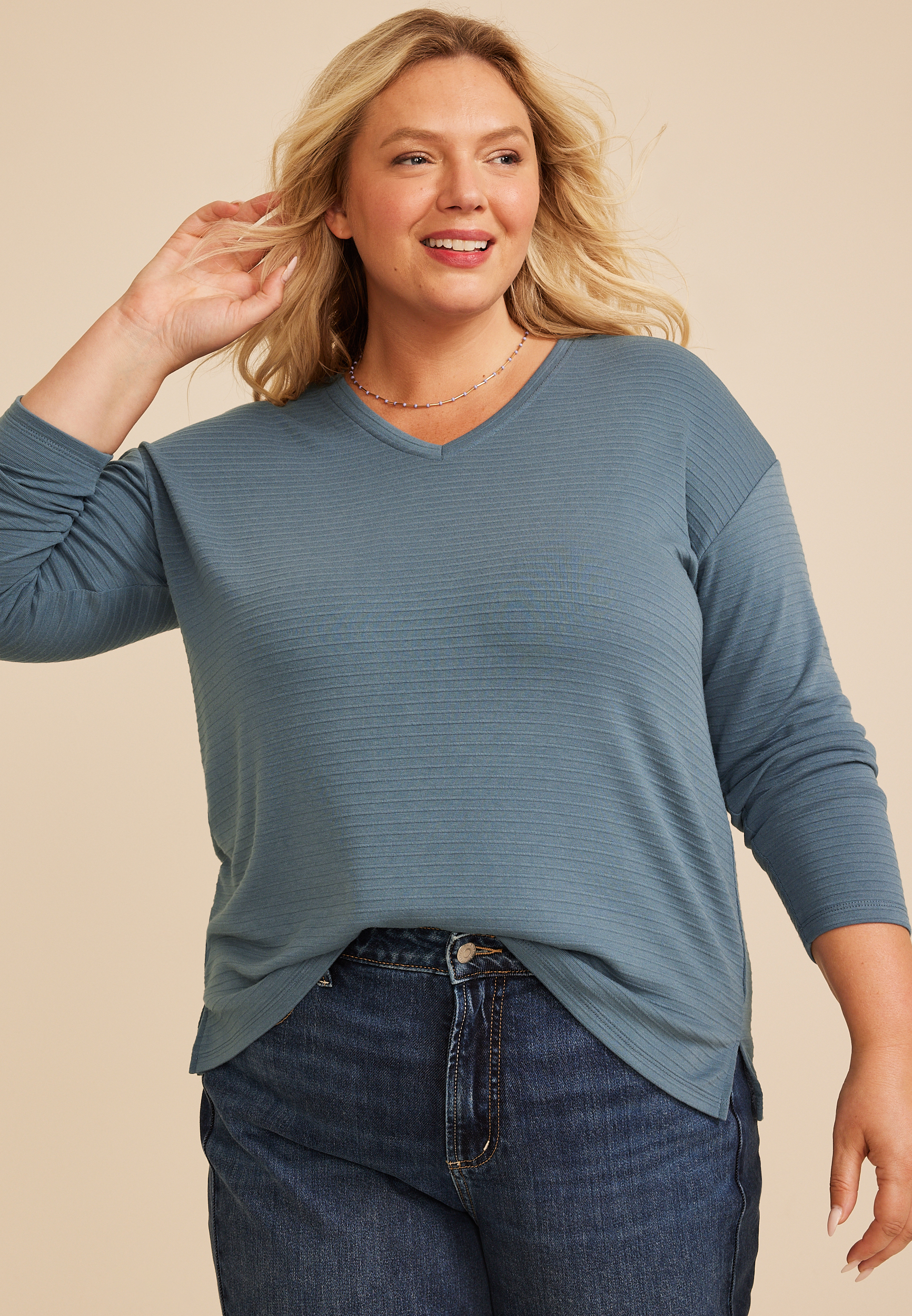 Simple Blue Ribbed Knit Top for Effortless Casual Wear Winter Outfits for Plus Size Women