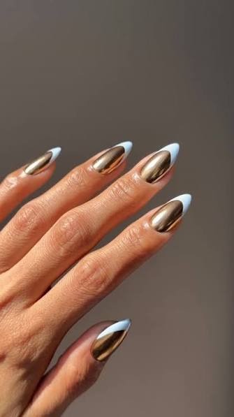 Bronze Chrome French Tips on Blue Bronze Chrome French Tips on Blue — chrome nail designs