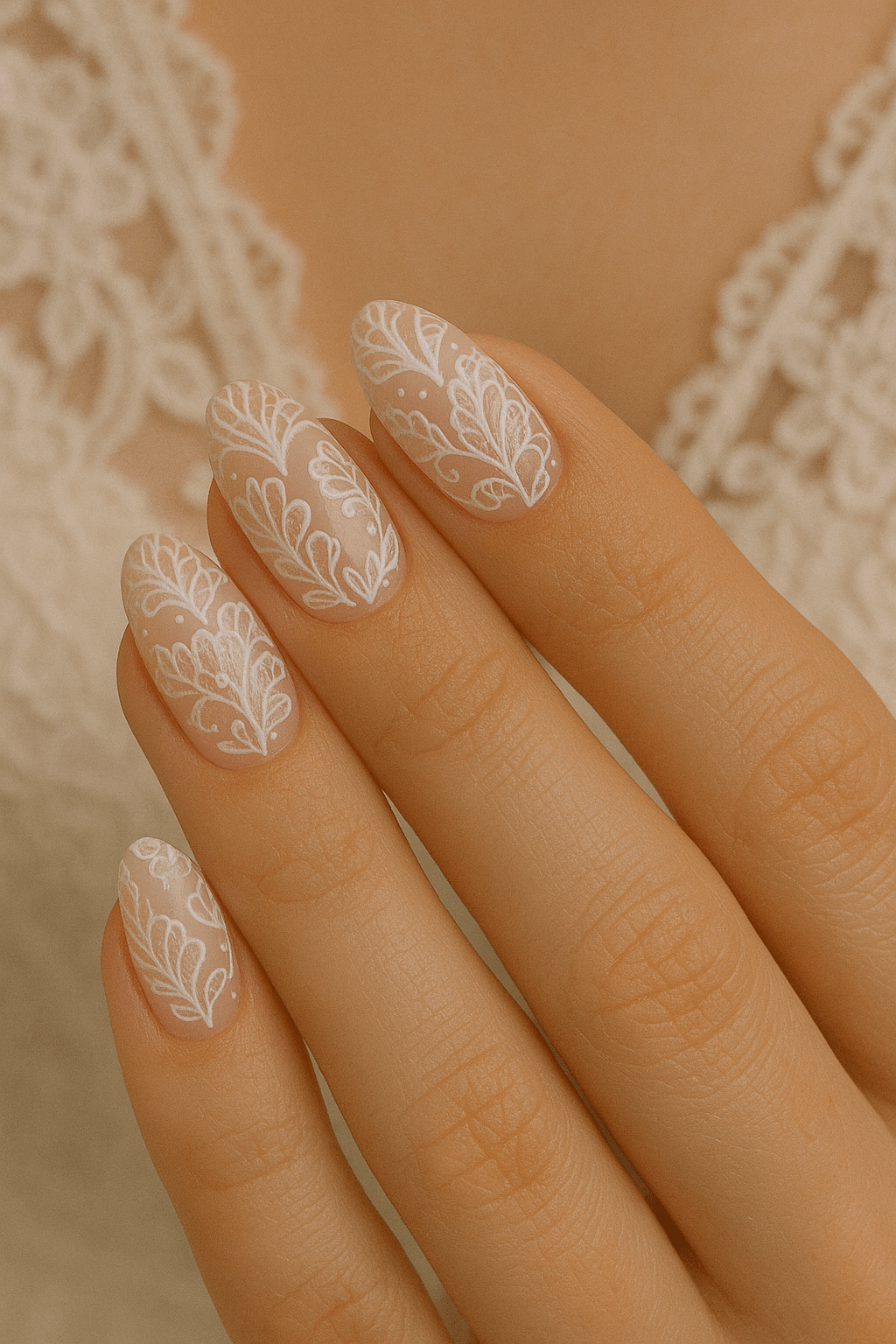 White Lace Pattern Nude Oval Nails White Lace Pattern Nude Oval Nails — Winter Wedding Nails