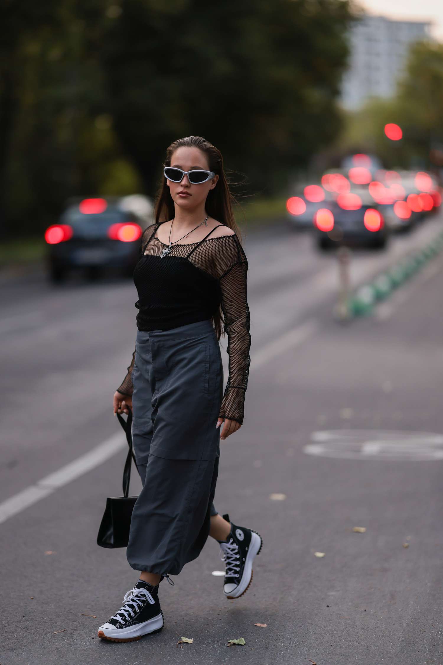 Mesh Long-Sleeve Top with Grey Cargo Pants — Grunge Winter Outfits