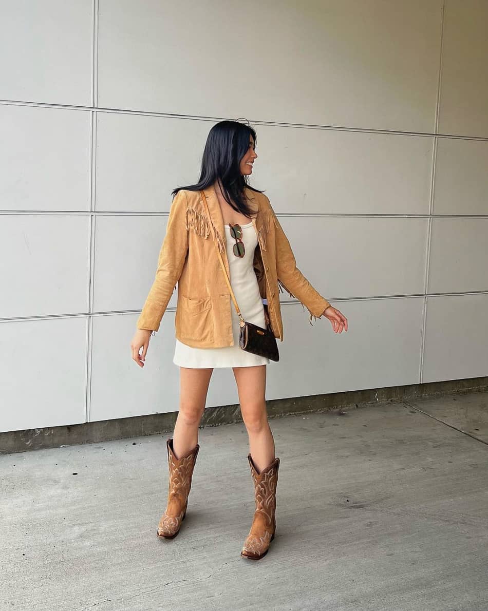Western-Inspired Mini Dress with Fringe Jacket and Cowboy Boots — Nashville Winter Outfits
