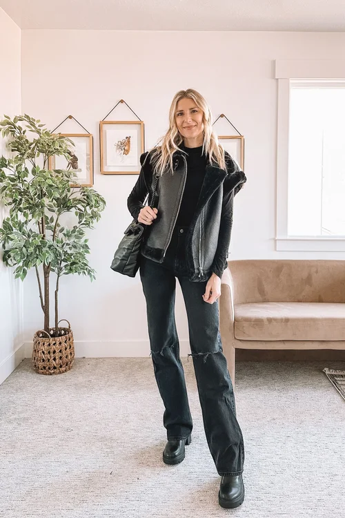 Faux Fur Vest Over a Turtleneck for Cozy Texture Faux Fur Vest Over a Turtleneck for Cozy Texture — All Black Winter Outfits