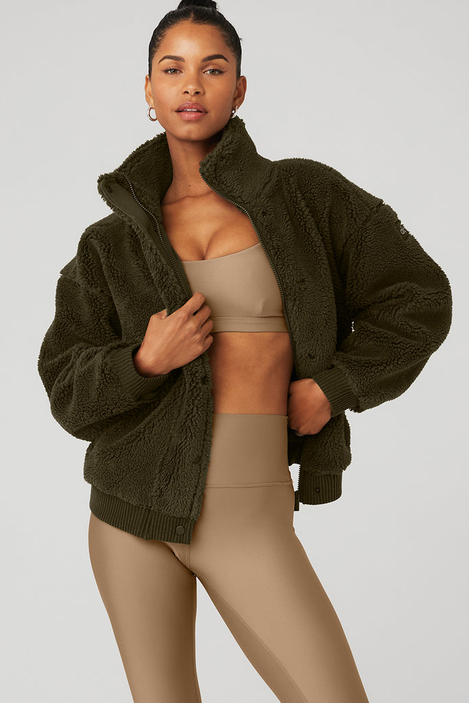Olive Green Sherpa Fleece Bomber Olive Green Sherpa Fleece Bomber — Fleece Jacket Outfits