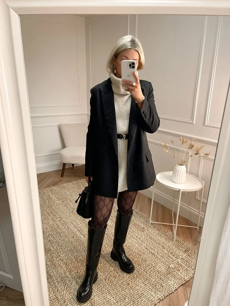 Turtleneck Dress and Blazer with Patterned Tights — Riding Boots Outfits