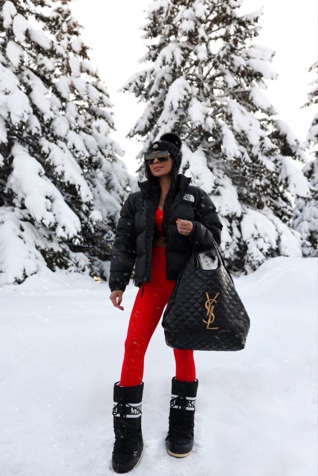 Edgy Contrast with Black Moon Boots and Red Leggings Edgy Contrast with Black Moon Boots and Red Leggings — Moon Boots Outfits