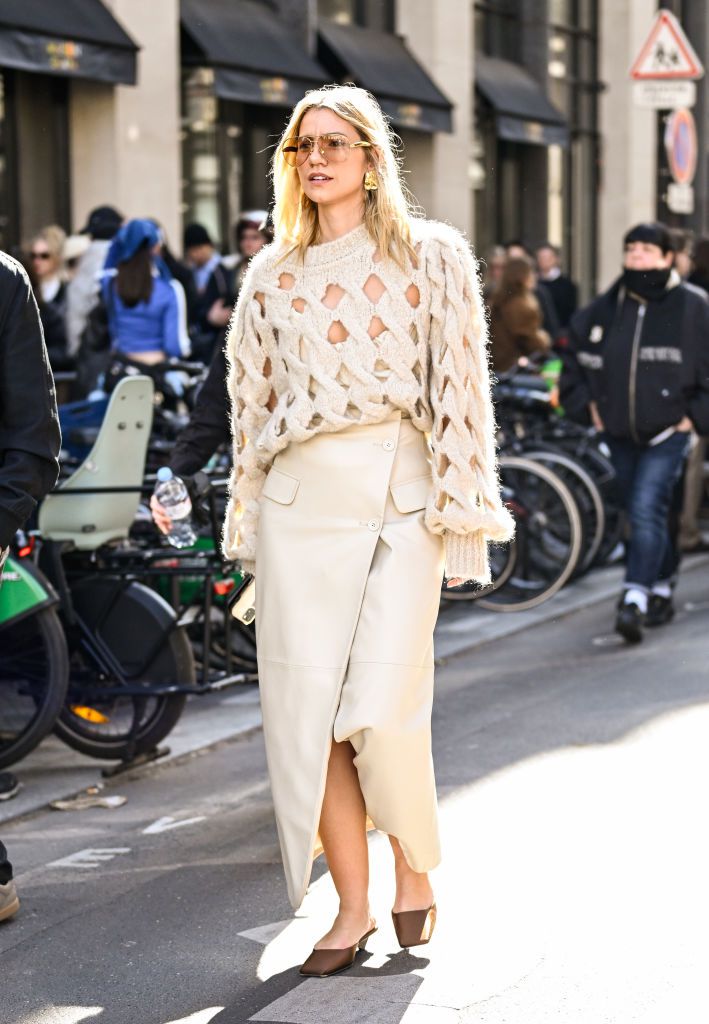Cream Open-Knit Oversized Sweater with Asymmetric Skirt — Oversized Sweater Outfits