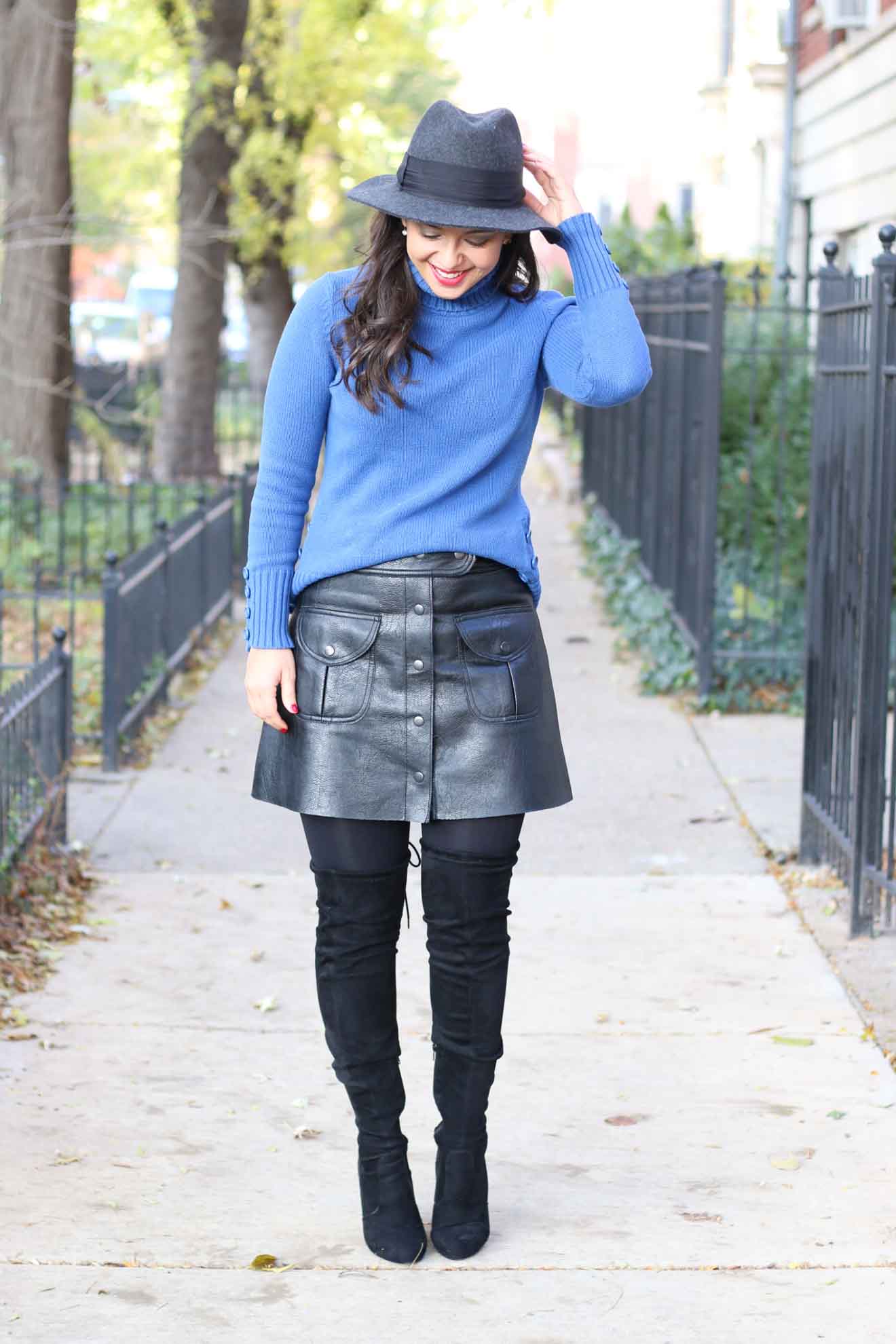 Black Button-Front Mini Skirt with Blue Turtleneck Black Button-Front Mini Skirt with Blue Turtleneck — Leather Skirt Outfits
