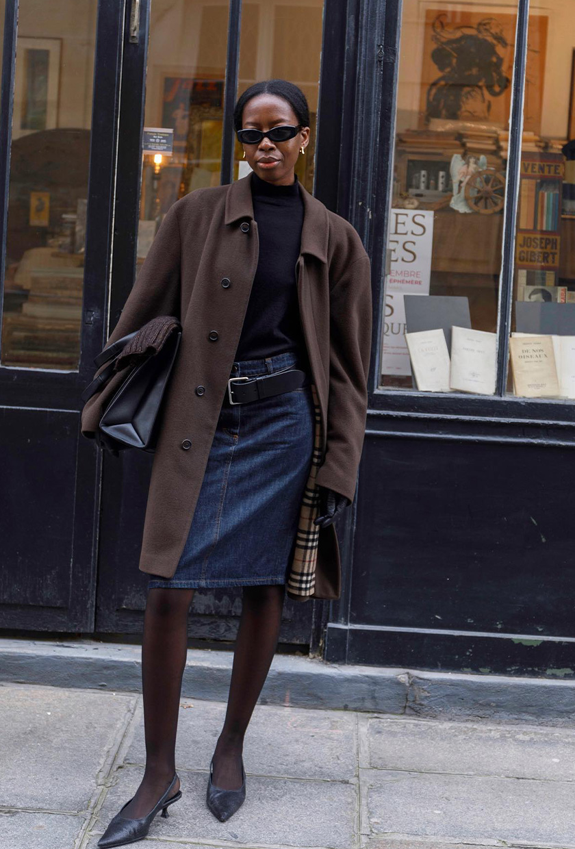 Layered Black Turtleneck with Plaid Trim Denim Skirt and Coat — Turtleneck Outfits