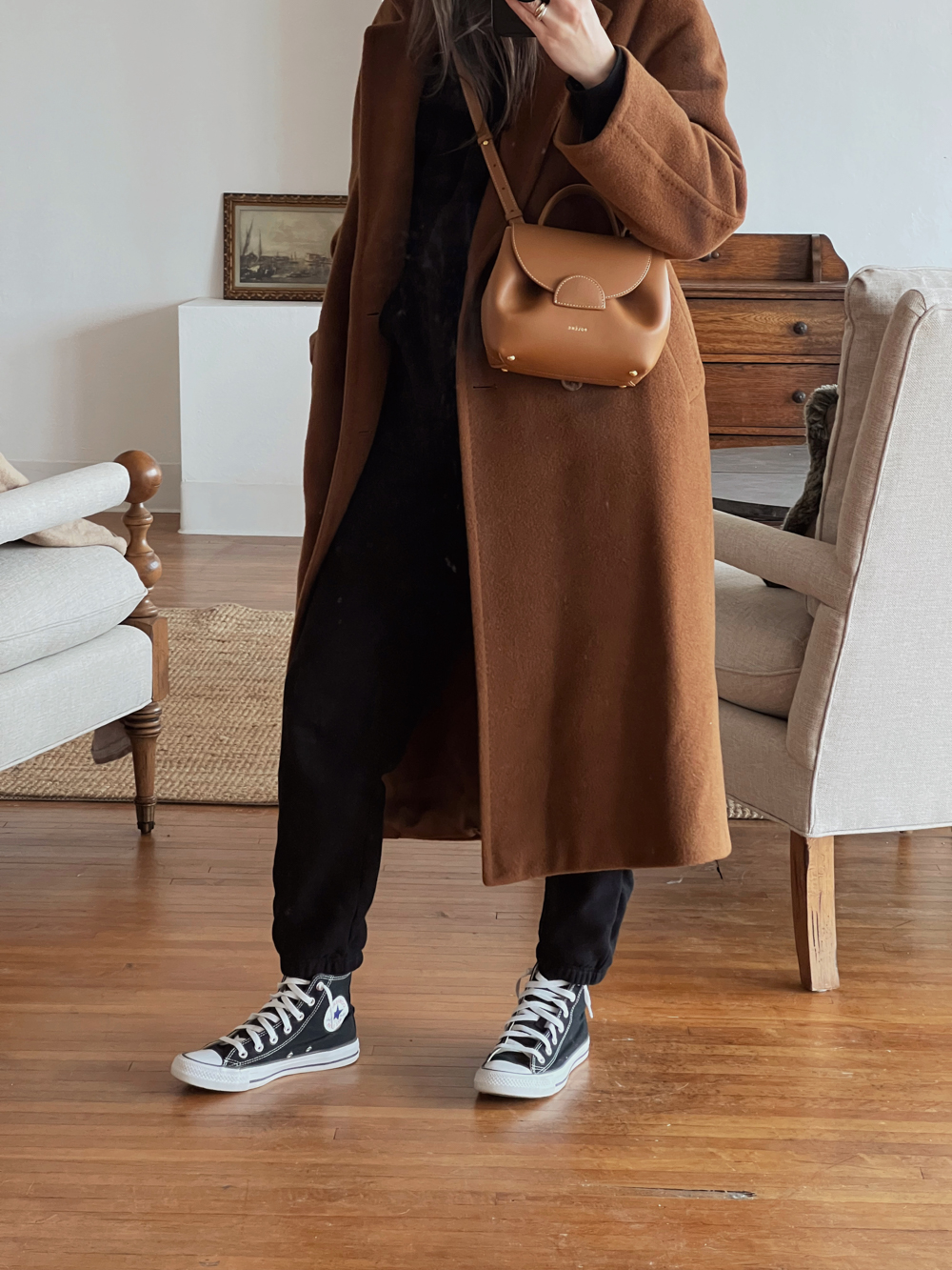 Monochromatic Comfort: Long Coat Over Sweat Set — Minimalist Winter Outfits