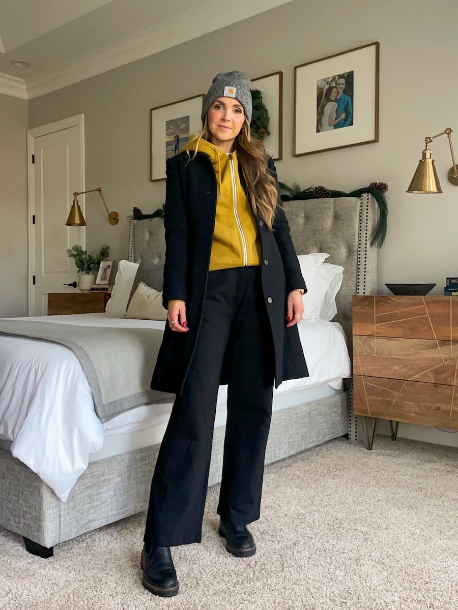 Bright Yellow Hoodie Under a Black Coat for a Color Pop Bright Yellow Hoodie Under a Black Coat for a Color Pop — Colorful Winter Outfits