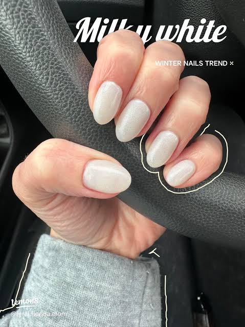 Milky White Shimmer Oval Nails Milky White Shimmer Oval Nails — Winter White Nails