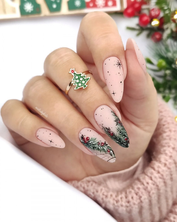 Matte Nude Pine Branch Art Almond Nails Matte Nude Pine Branch Art Almond Nails — Cute Winter Nails