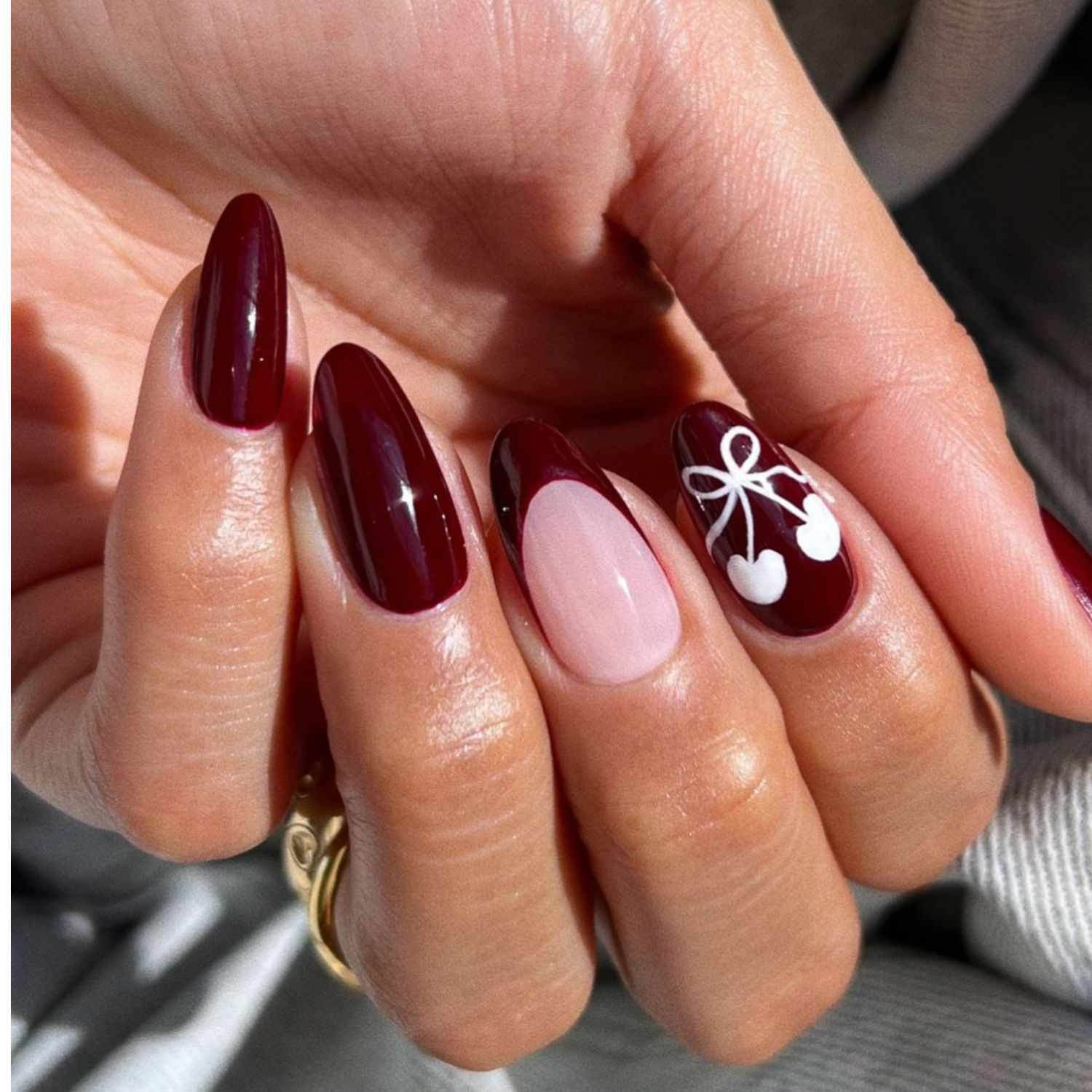 Cherry Red French with White Cherry Art Cherry Red French with White Cherry Art — Black Cherry Nails