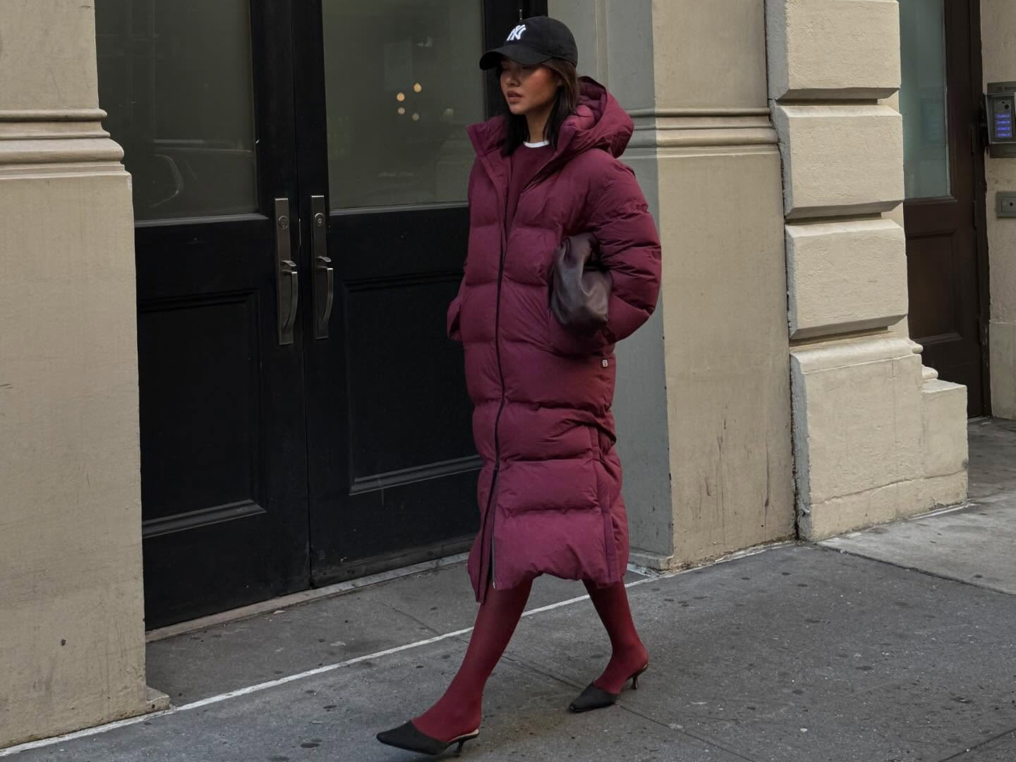 Dramatic Statement: Floor-Length Burgundy Puffer Coat — Winter Puffer Jacket Outfits