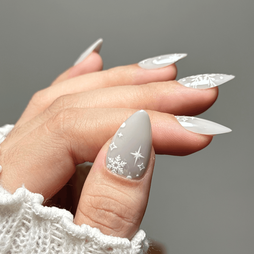Light Grey Embossed Snowflake Almond Nails Light Grey Embossed Snowflake Almond Nails — Winter Almond Nails