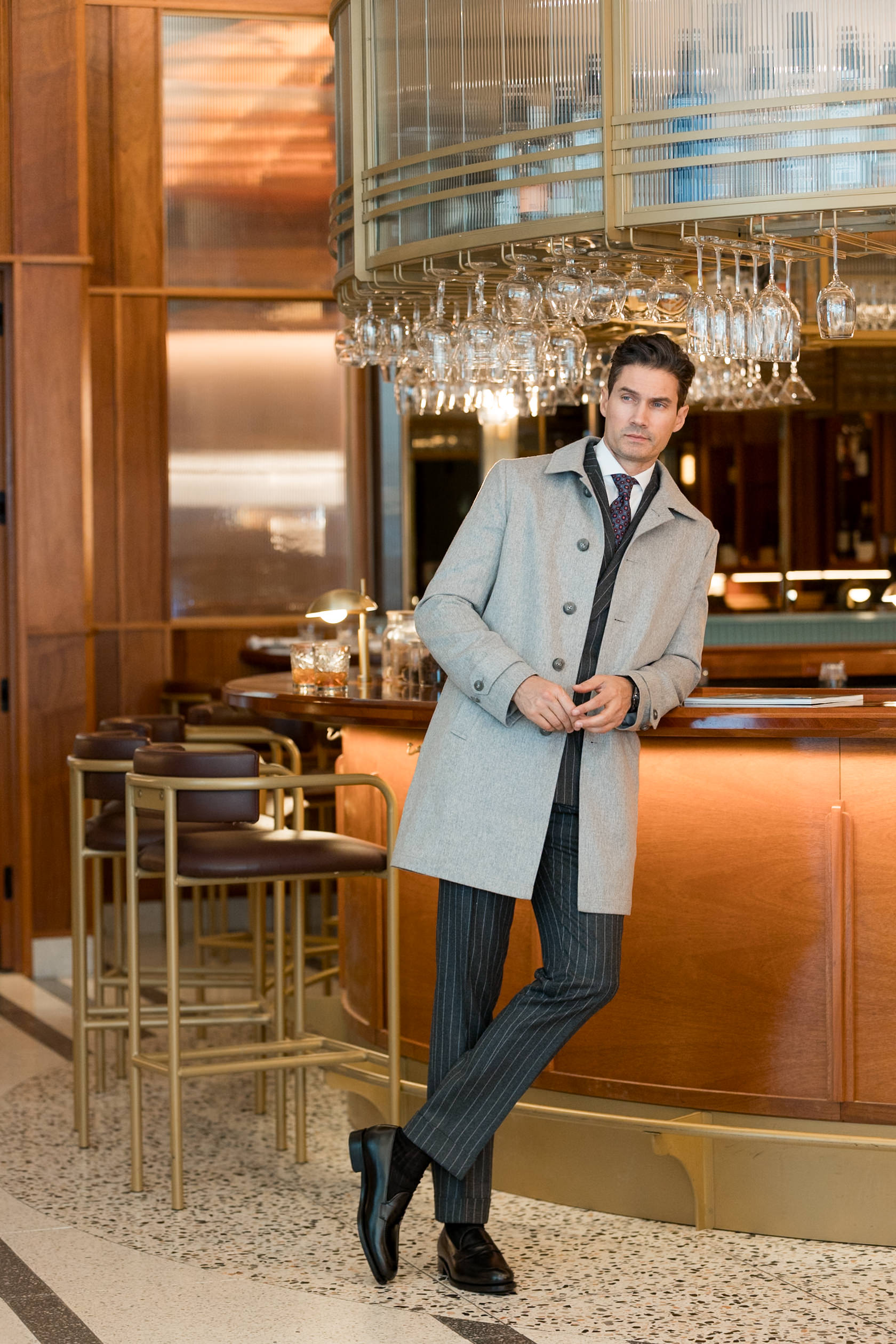 Smart Casual: Grey Car Coat with Pinstripe Trousers and Purple Tie Smart Casual: Grey Car Coat with Pinstripe Trousers and Purple Tie — Car Coat Outfits