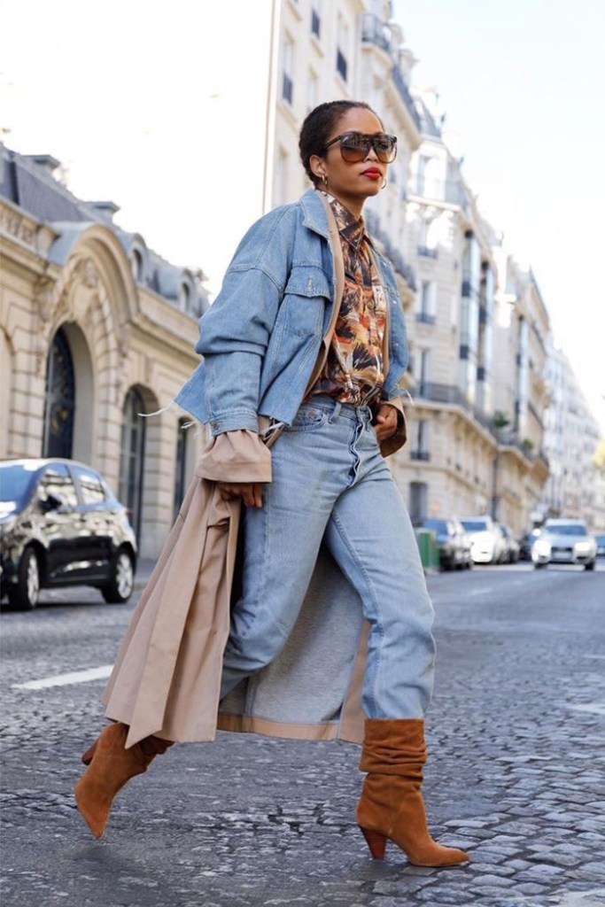 Casual Layering: Denim Jacket, Trench, and Suede Slouchy Boots Casual Layering: Denim Jacket, Trench, and Suede Slouchy Boots — Slouchy Boots Outfits