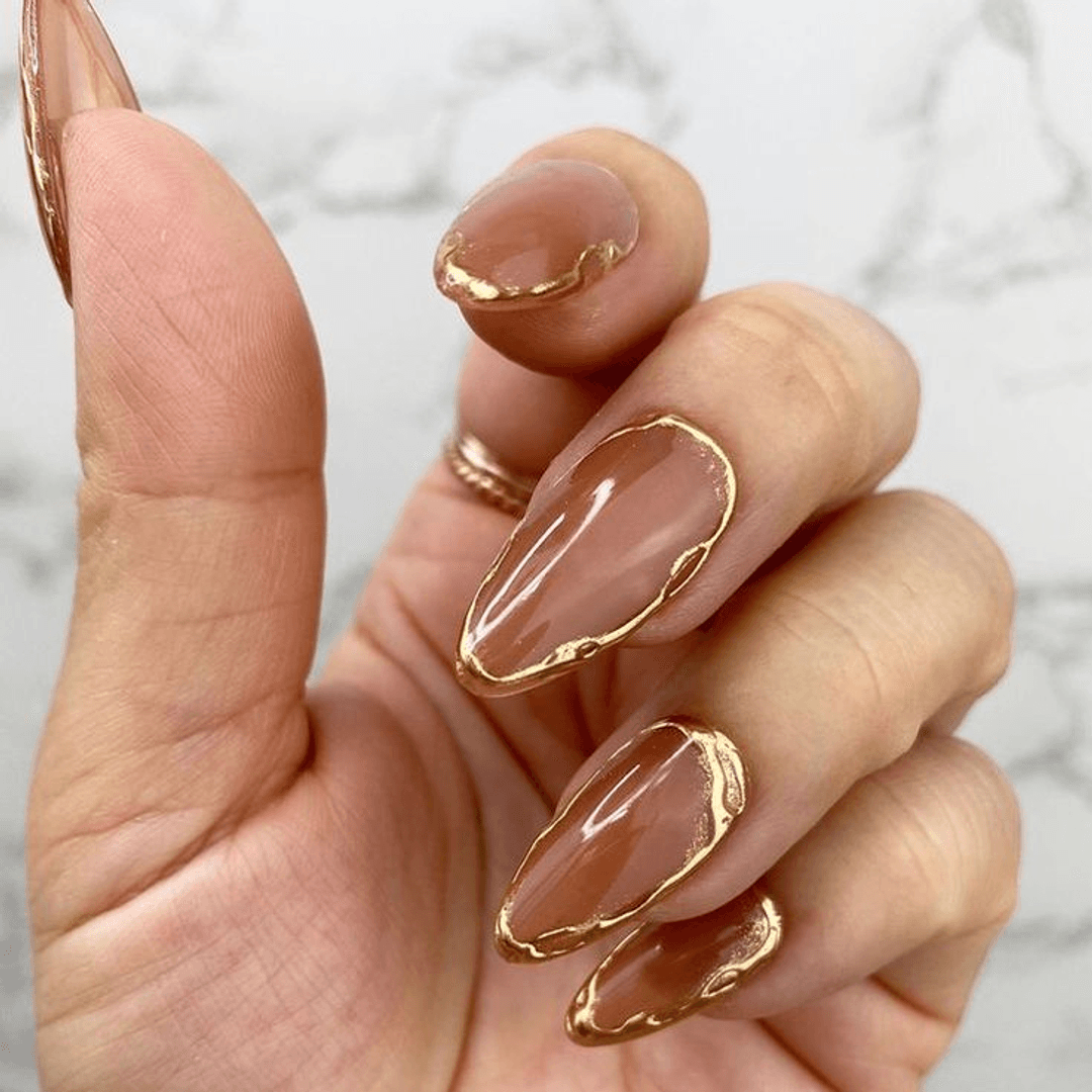 Warm Brown Stilettos with Gold Outline — Mocha Nails