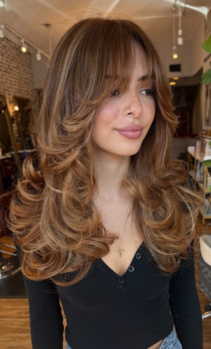 Mid-Back Chestnut Bronde Curls Mid-Back Chestnut Bronde Curls — Winter Haircuts with Curtain Bangs