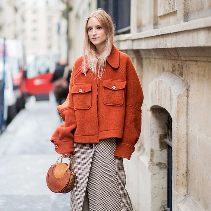 Textured Orange Jacket with Plaid Skirt — Preppy Winter Outfits