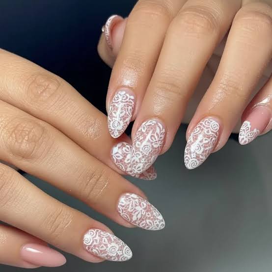 Elegant Nude Almond Lace and Gold Elegant Nude Almond Lace and Gold — Lace Nails