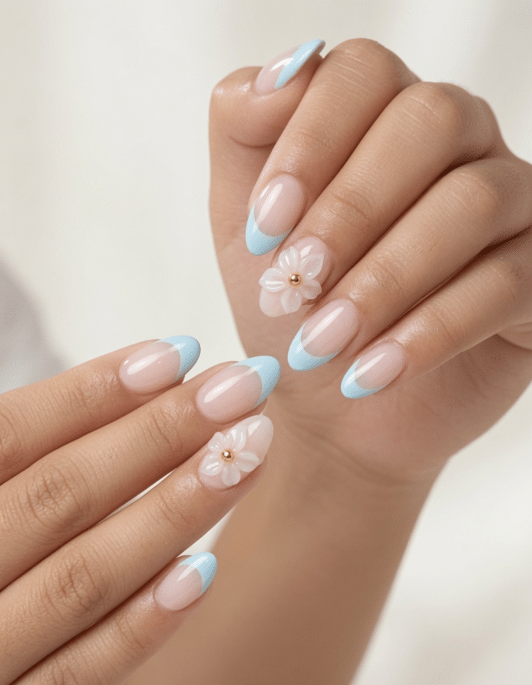 Light Blue French with 3D Flowers Light Blue French with 3D Flowers — simple nail designs