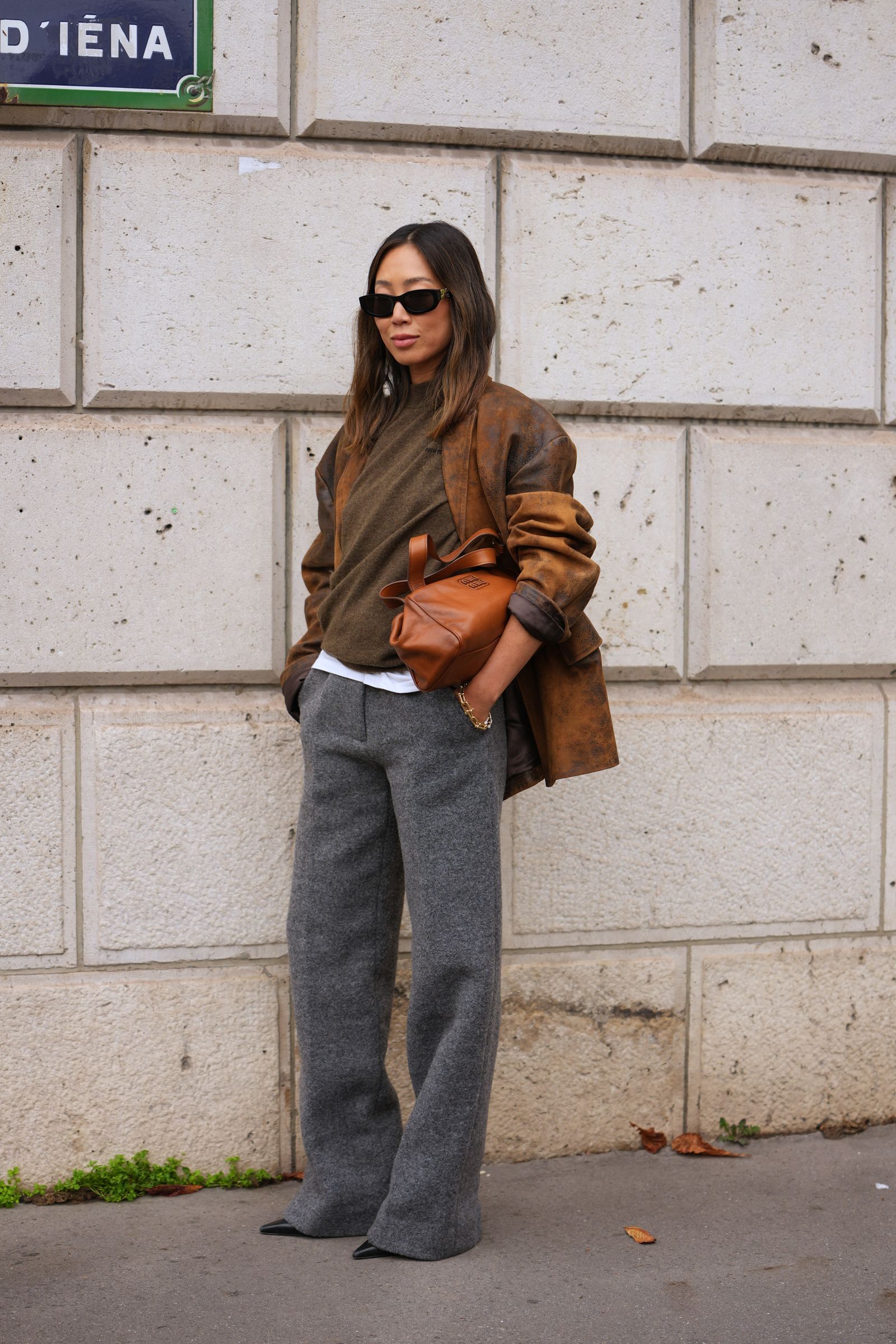 Textured Leather Jacket with Olive Green and Grey Trousers Textured Leather Jacket with Olive Green and Grey Trousers — Winter Business Casual Outfits