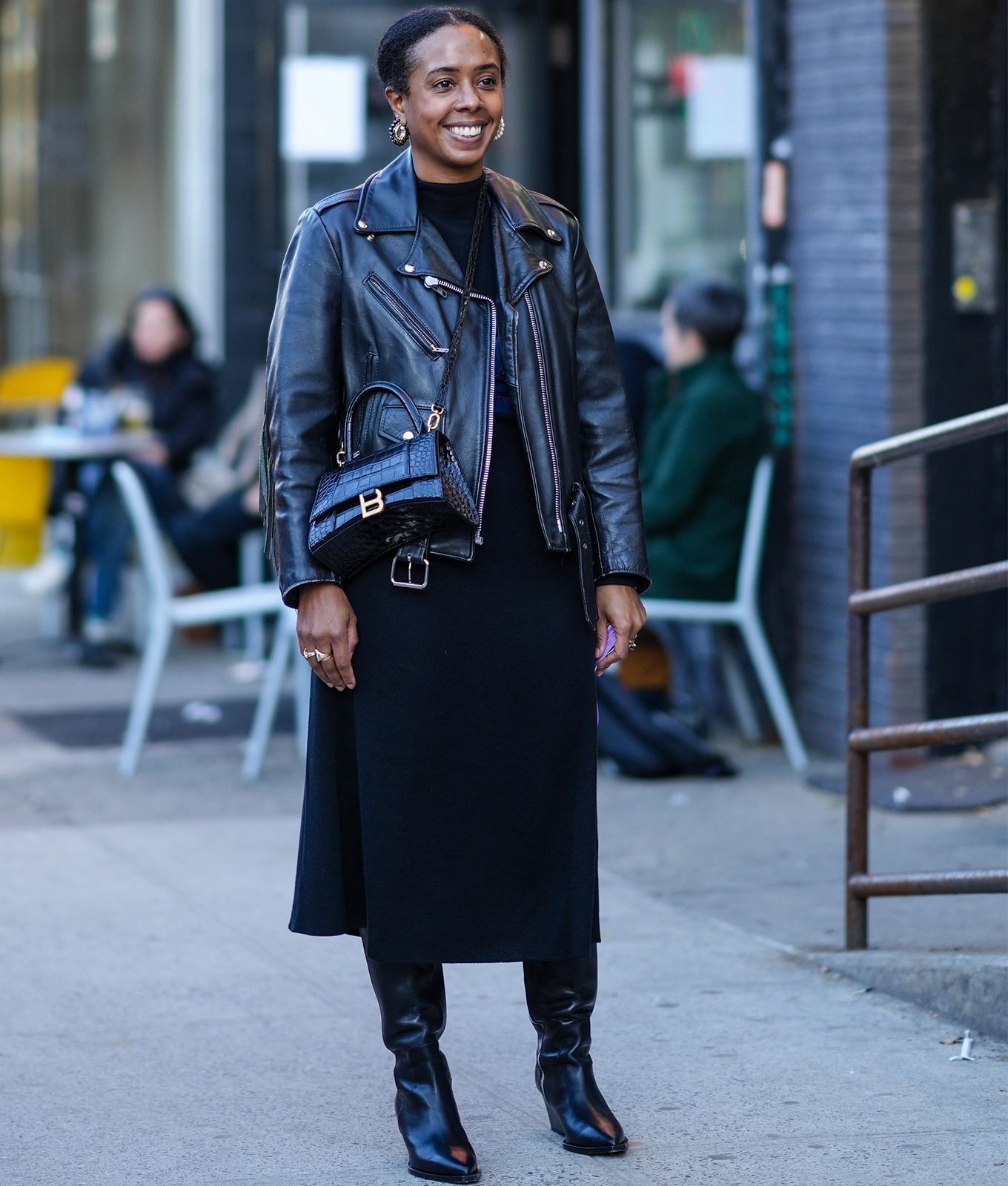 Edgy All-Black: Moto Jacket with Turtleneck Dress Edgy All-Black: Moto Jacket with Turtleneck Dress — winter outfits for black women