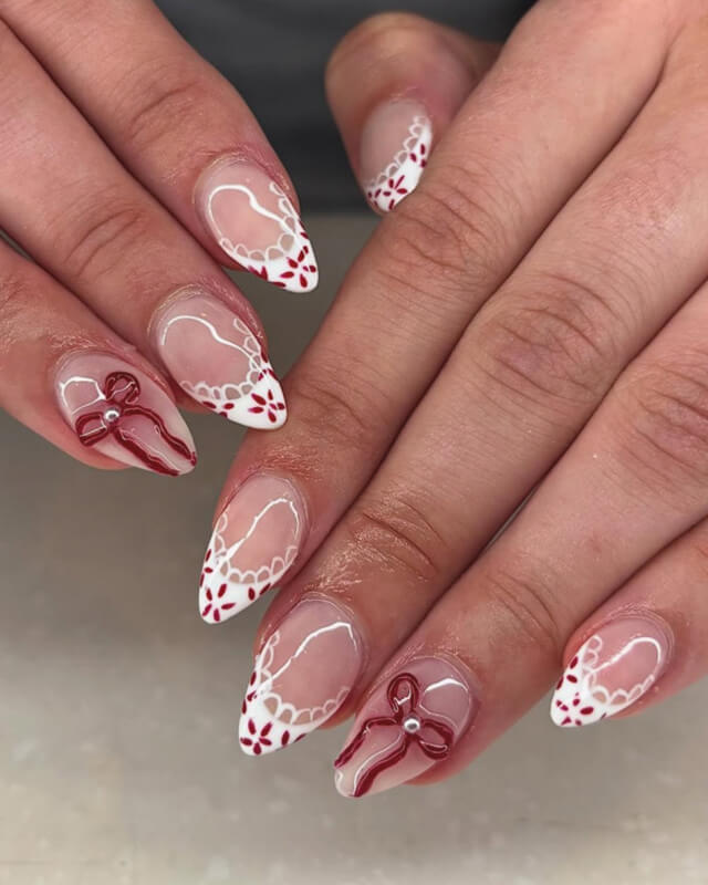 Elegant White Lace and Burgundy Bows Elegant White Lace and Burgundy Bows — cute nail designs