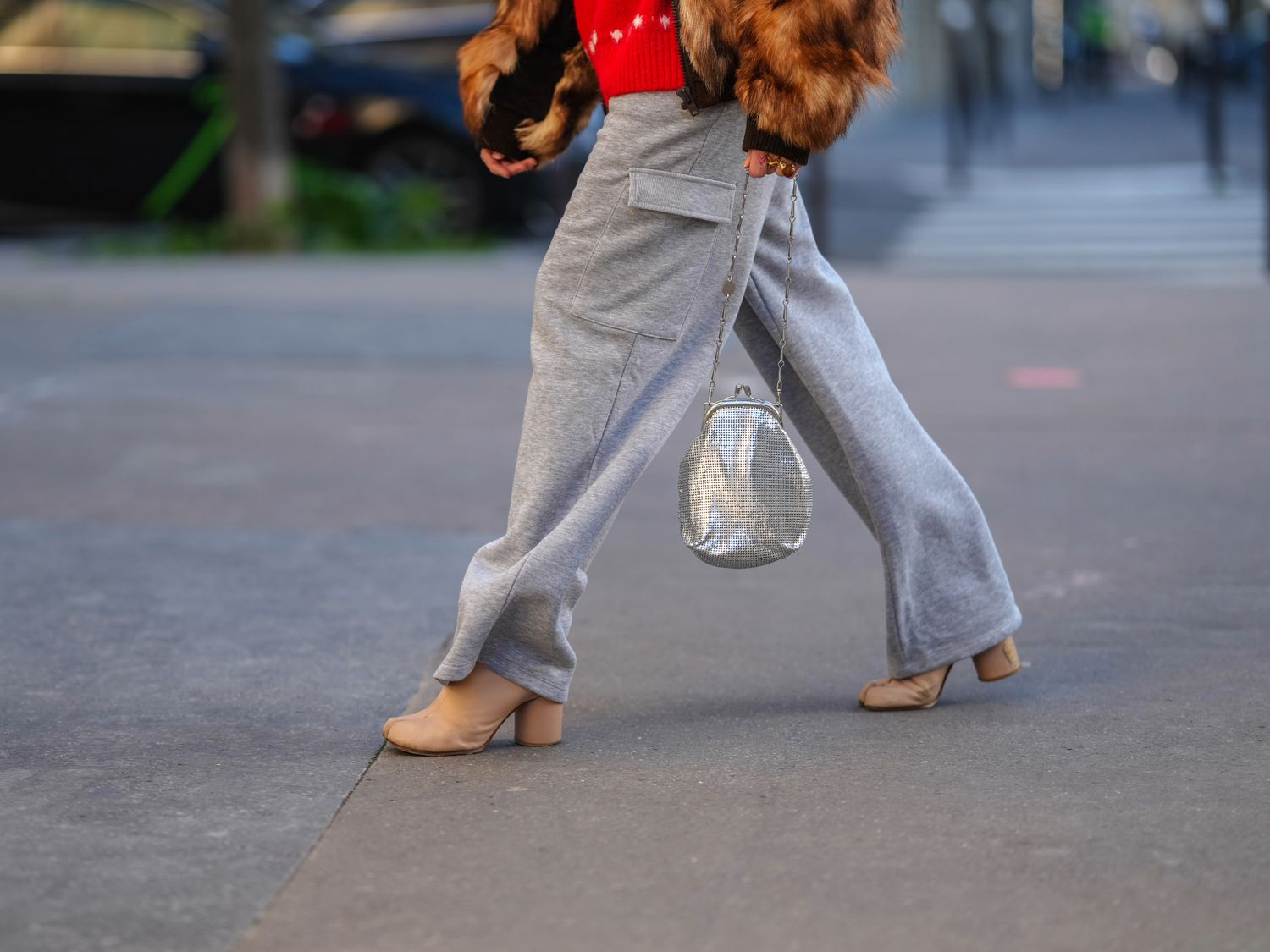 Glamorous Fur Coat with Flared Grey Sweatpants — Sweatpants Outfits