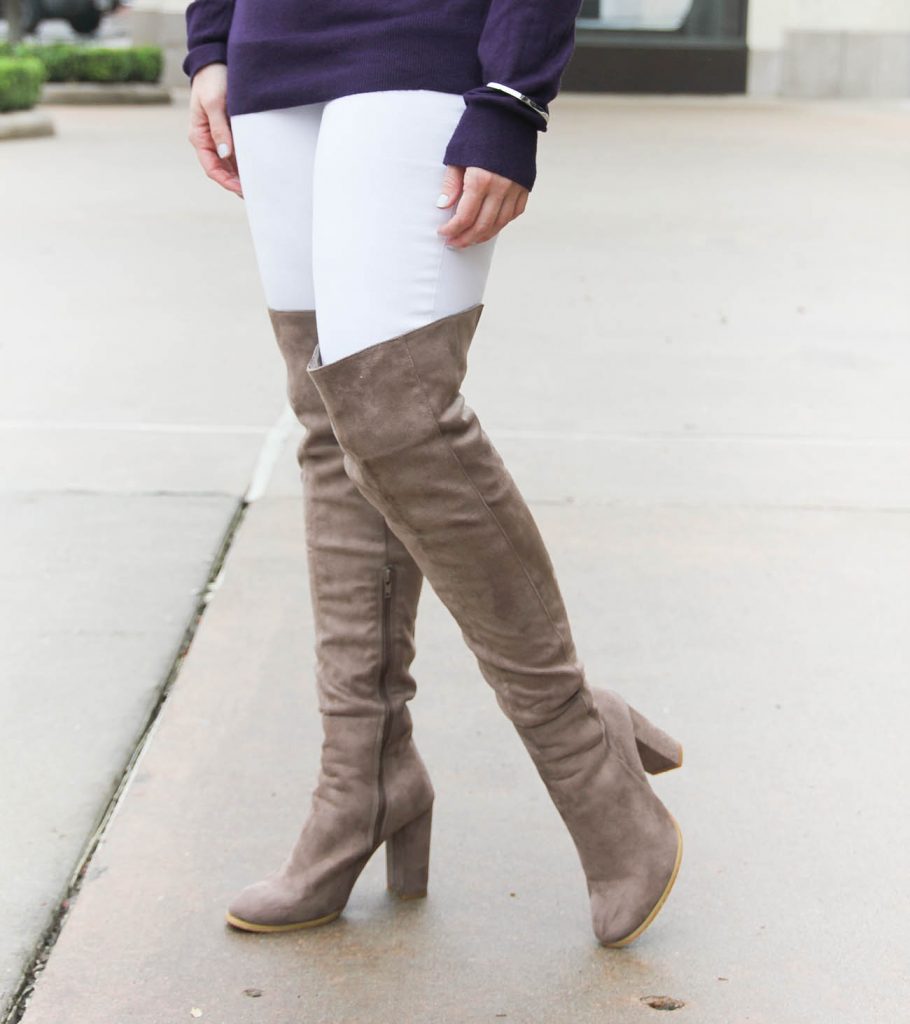 Taupe Suede Over-the-Knee Boots with Purple Top — Over the Knee Boots Outfits