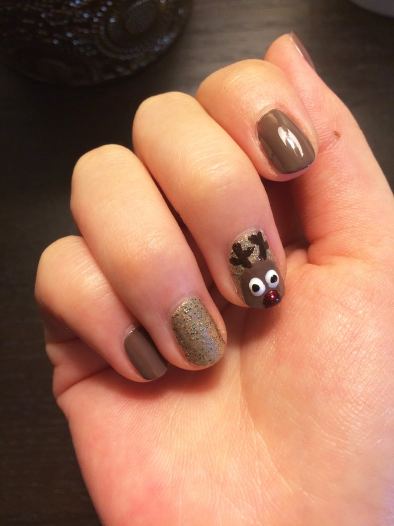 Glossy Brown with Glitter Reindeer Accent Glossy Brown with Glitter Reindeer Accent — Winter Nails for Kids