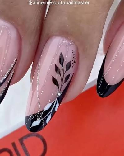 Sheer Pink Black French Leaf Art Nails Sheer Pink Black French Leaf Art Nails — classy simple nail designs