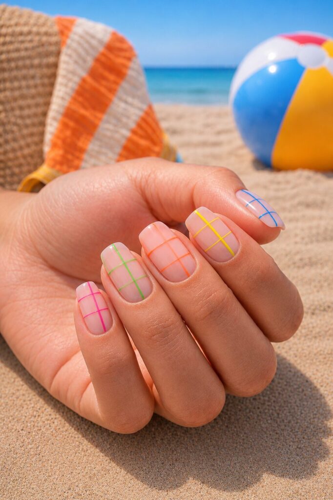 Vibrant Neon Grid on Sheer Nude Vibrant Neon Grid on Sheer Nude — cute nail designs