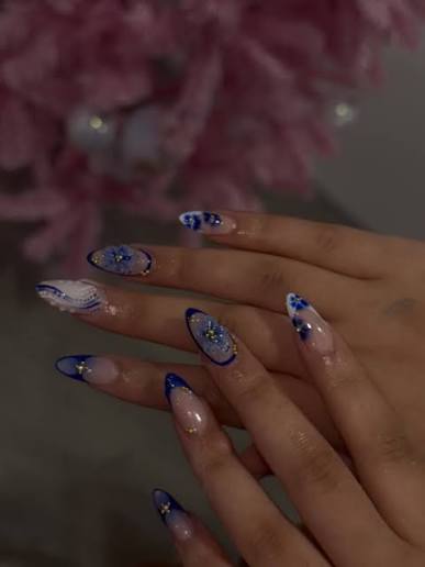 Pearlescent Light Blue with Swirls and Bow Pearlescent Light Blue with Swirls and Bow — blue nail inspo