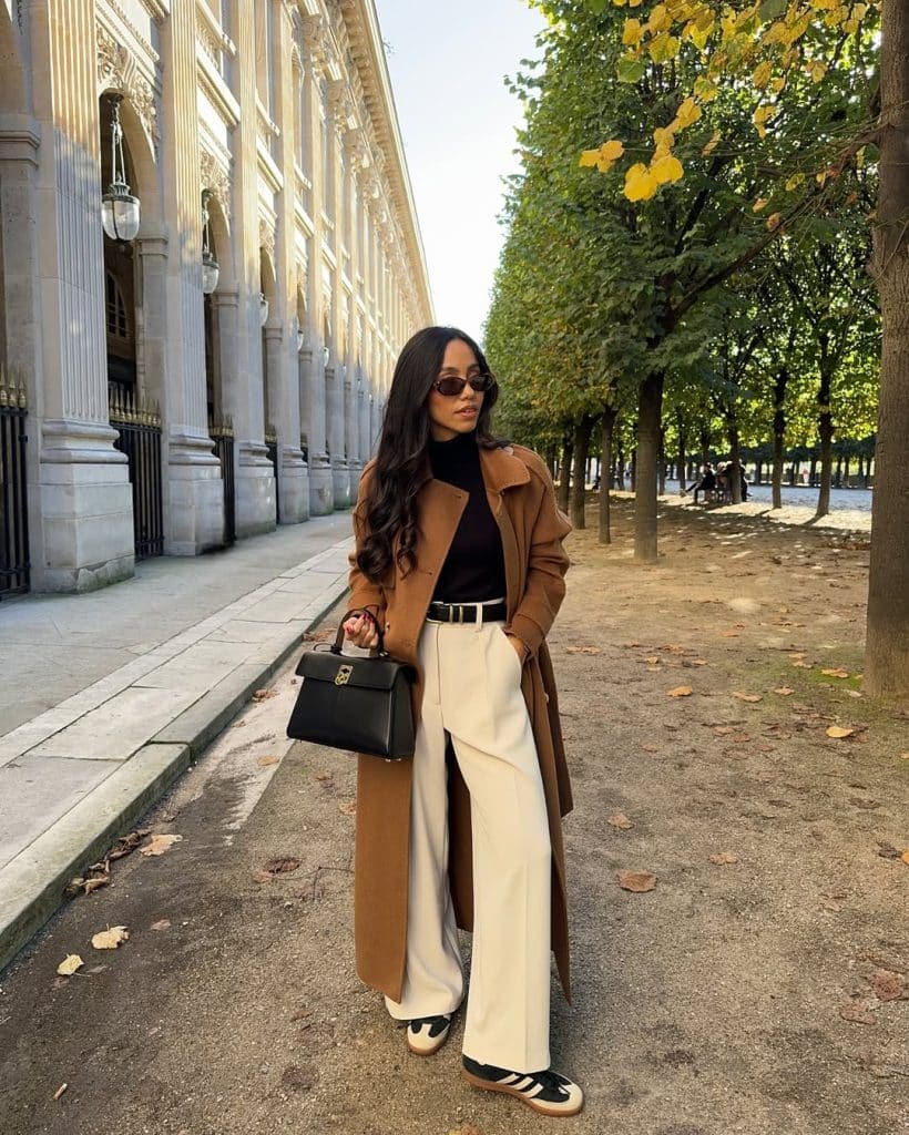 Sophisticated Brown Coat with Black Turtleneck and Cream Trousers Sophisticated Brown Coat with Black Turtleneck and Cream Trousers — Brown Coat Outfits