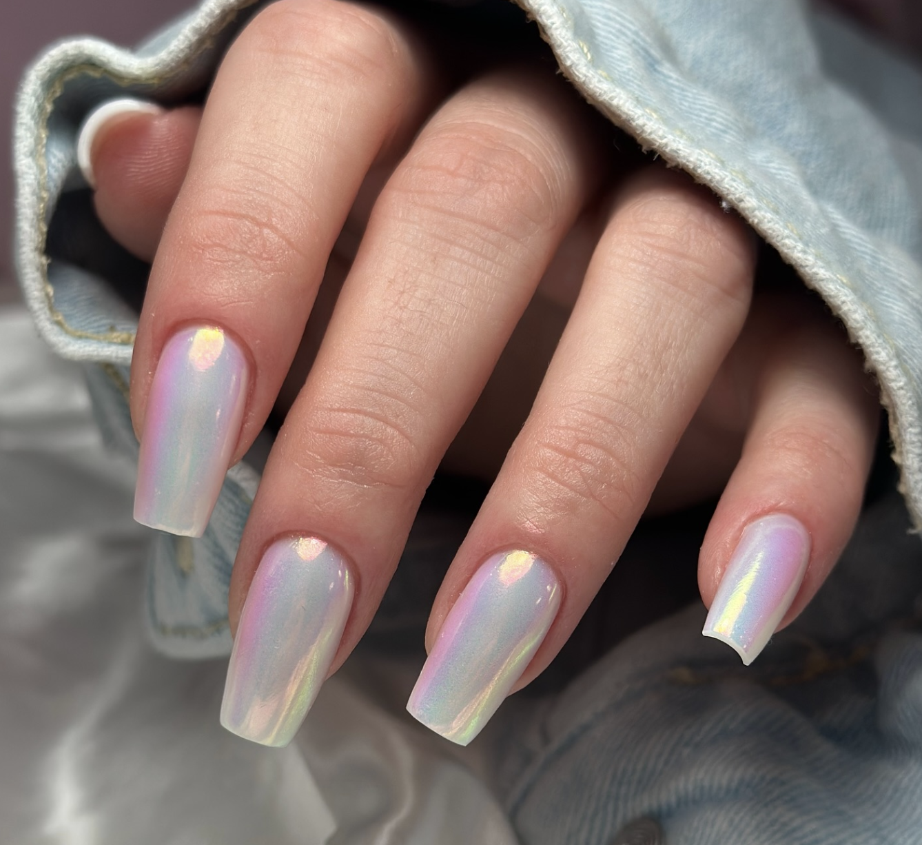 Pearlescent Chrome Coffin Nails Pearlescent Chrome Coffin Nails — Winter to Spring Transition Nails