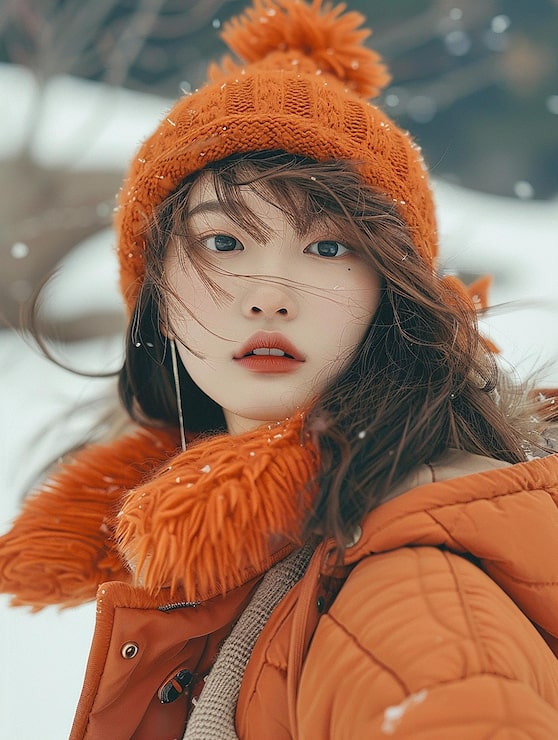 Vibrant Orange Puffer Jacket and Knit Hat for Snowy Escapes — Japan Winter Outfits